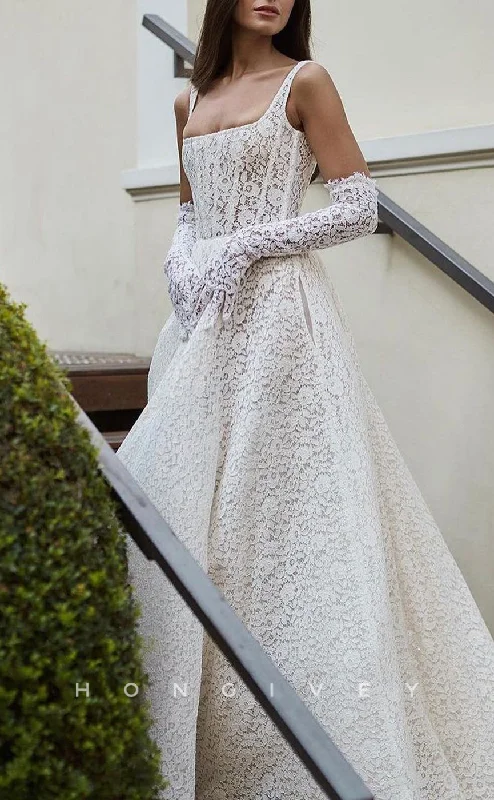 Weekend Bonanza H1198 - Sexy Satin A-Line Square Spaghetti Straps Empire With Gloves Train Wedding Dress