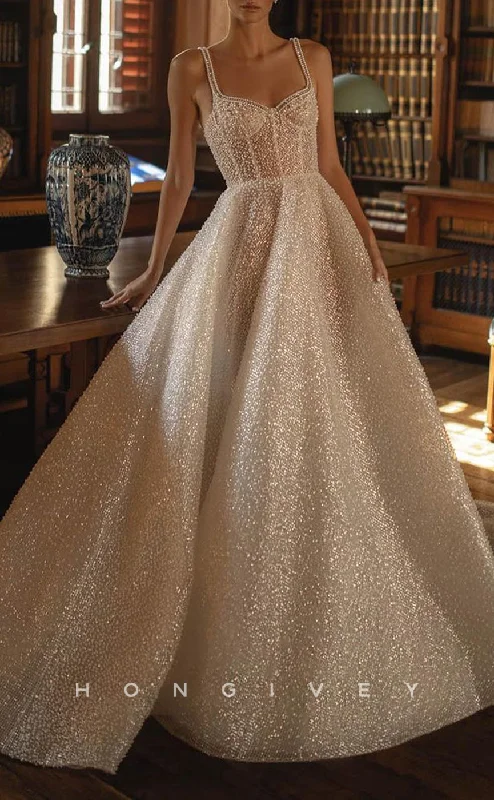 Limited-Time Bargains H1199 - Sexy A-Line Glitter Sweetheart Spaghetti Straps Empire Beaded With Train Wedding Dress