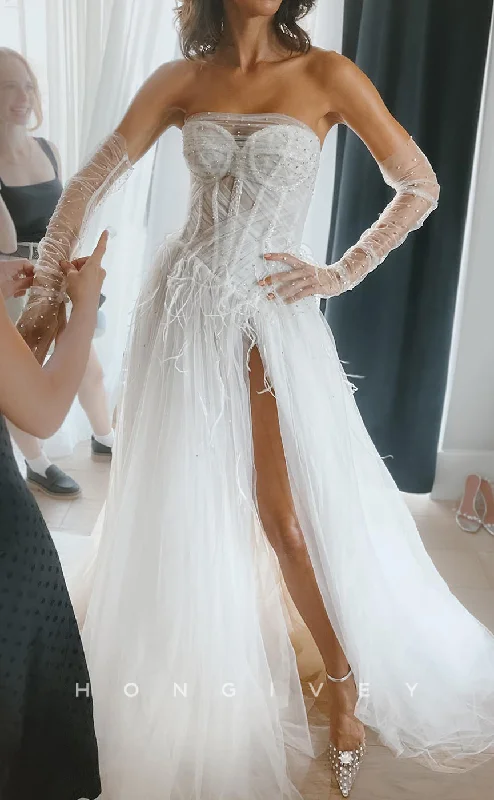 Exclusive Online Offers H1202 - Sexy Tulle A-Line Illusion Sweetheart Sleeveless Feathers Beaded With Side Slit Train Wedding Dress Exclusive Online Offers H1202 - Sexy Tulle A-Line Illusion Sweetheart Sleeveless Feathers Beaded With Side Slit Train Wedding Dress
