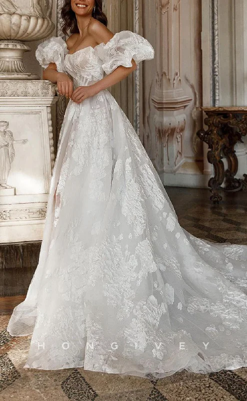 Last Chance Sale H1207 - Sexy Satin A-Line Bateau Strapless Puff Sleeves Gown Appliques Beaded With Train Wedding Dress Last Chance Sale H1207 - Sexy Satin A-Line Bateau Strapless Puff Sleeves Gown Appliques Beaded With Train Wedding Dress