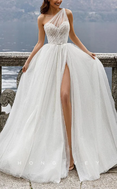 Final Clearance H1210 - Sexy Glitter Tulle A-Line One Shoulder Sleeveless Empire Bowknot With Side Slit Wedding Dress Final Clearance H1210 - Sexy Glitter Tulle A-Line One Shoulder Sleeveless Empire Bowknot With Side Slit Wedding Dress