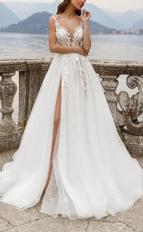 Limited Time Bargain H1213 - Sexy Tulle A-Line Low V-Neck Spaghetti Straps Empire Appliques With Side Slit Wedding Dress