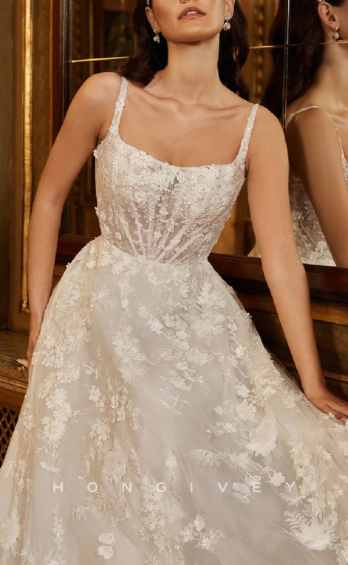 One-Day Sale H1217 - Sexy Satin A-Line Square Spaghetti Straps Empire Appliques With Train Wedding Dress