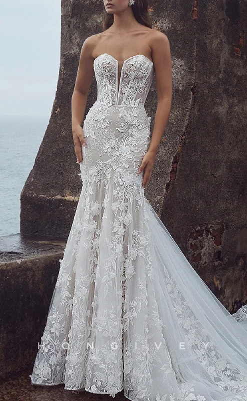 Limited Quantity H1218 - Sexy Trumpt Lace Sweetheart Strapless Sleeveless Empire Appliques With Train Wedding Dress