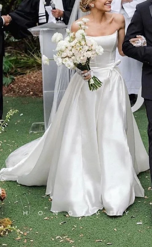 Best Price Ever H1219 - Sexy Satin A-Line Bateau Sleeveless Empire Bowknot With Train Wedding Dress
