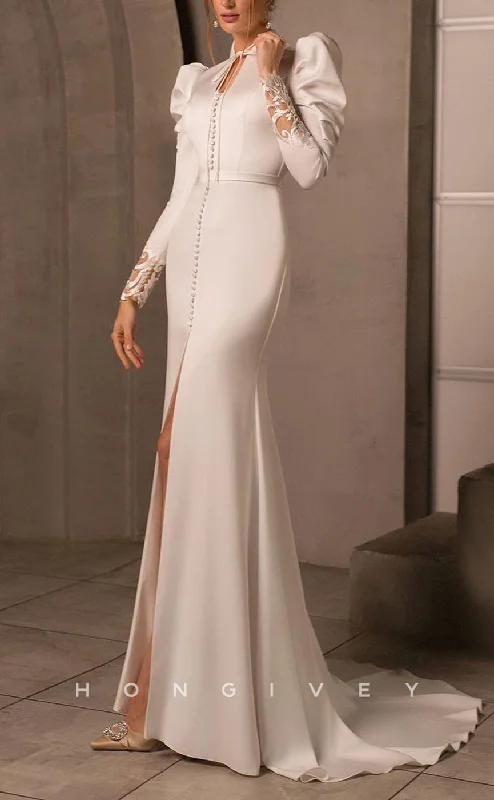 Hot Picks H1221 - Sexy Satin Fitted High Neck Long Sleeve Beaded With Slit Train Wedding Dress