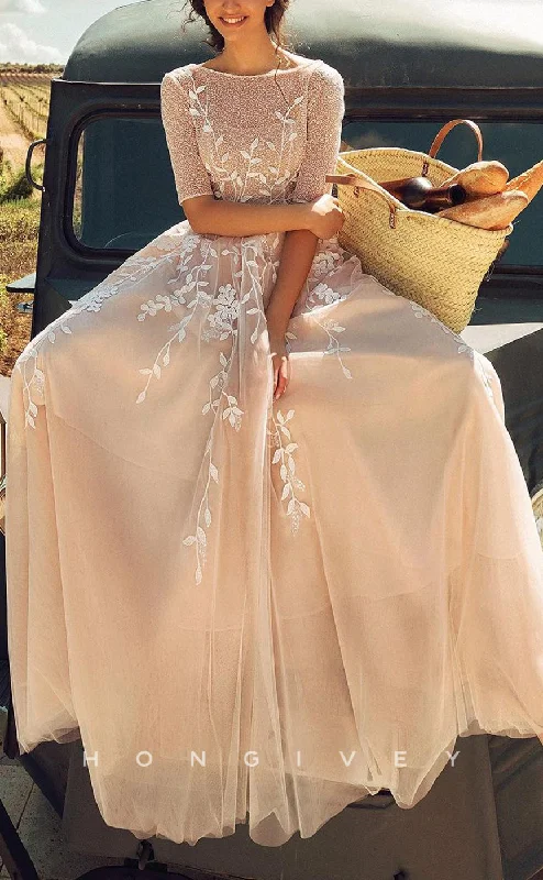 Best Price Guarantee H1222 - Sexy Tulle A-Line Round Half Sleeves Style Empire Appliques Boho Wedding Dress