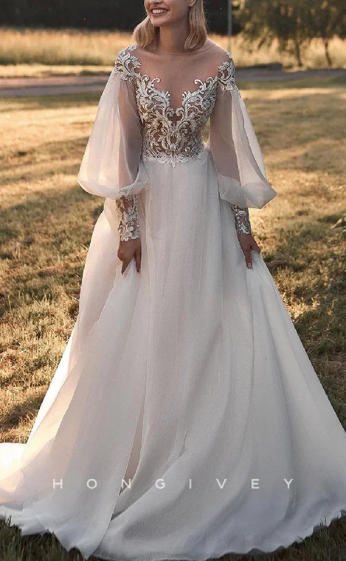 Hurry, Don’t Miss Out H1223 - Sexy A-line Illusion Round Long Sleeve Empire Appliques With Train Boho Wedding Dress