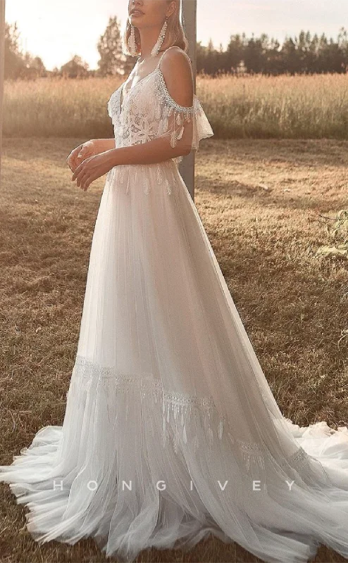 Exclusive Savings H1224 - Sexy Tulle A-Line Off-Shoulder Illusion Appliques Beaded Feathers With Train Boho Wedding Dress