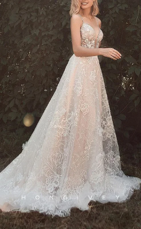 Unbeatable Prices H1225 - Sexy Satin A-Line Plunging  V-Neck Spaghetti Straps Empire Beaded Appliques Wedding Dress