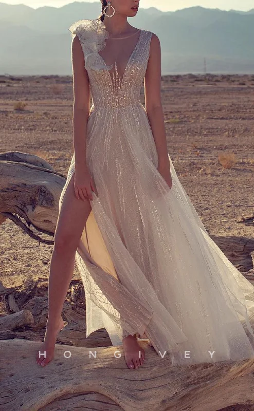 Special Offers H1226 - Sexy Tulle A-Line Glitter Illusion Scoop Empire Beaded Floral Wedding Dress