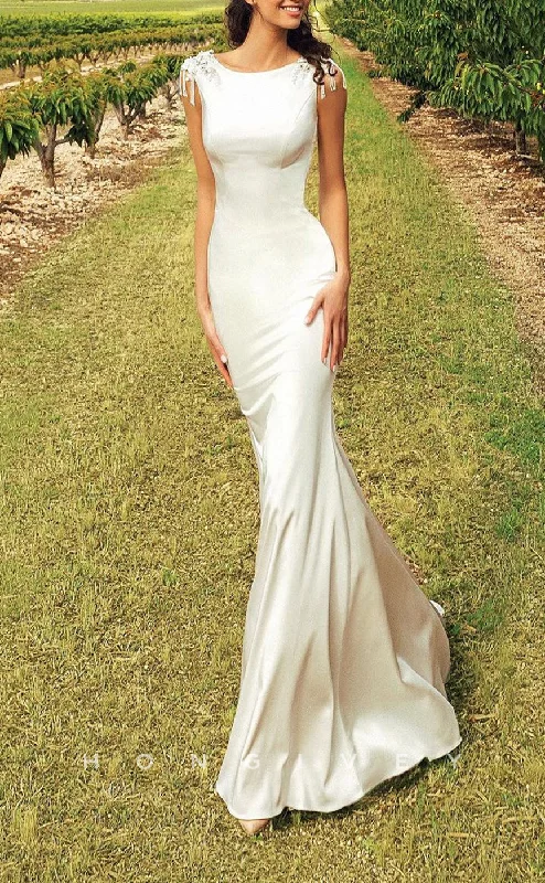 Weekend Shopping Madness H1227 - Sexy Satin Fitted Scoop Sleeveless Empire Beaded Appliques With Train Wedding Dress