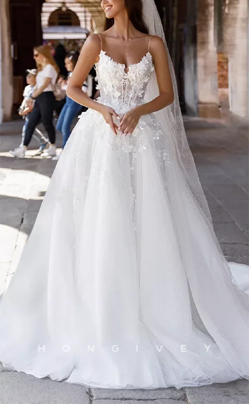 Weekend Deals Galore H1229 - Sexy Tulle A-Line Sweetheart Spaghetti Straps Empire Illusion Floral With Train Wedding Dress