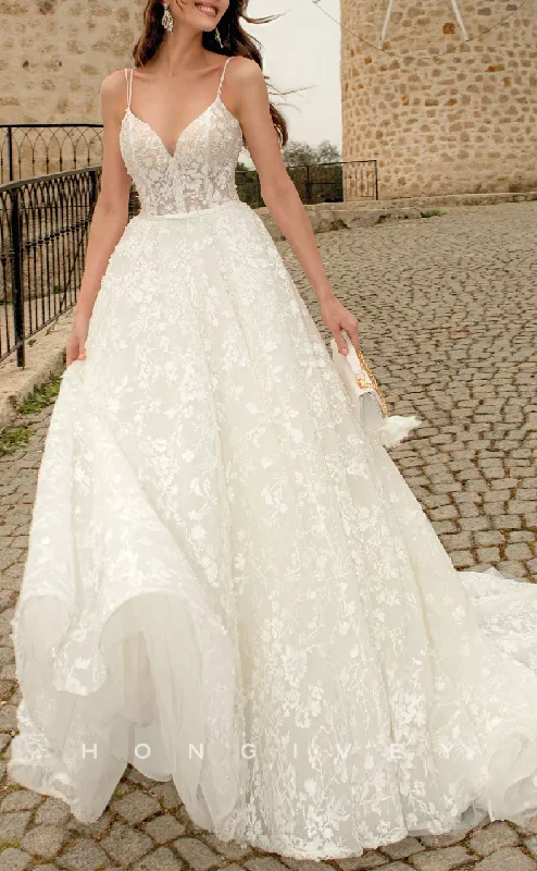 Weekend Steal of the Day H1230 - Sexy Satin A-Line V-Neck Spaghetti Straps Illusion Empire Appliques With Train Wedding Dress