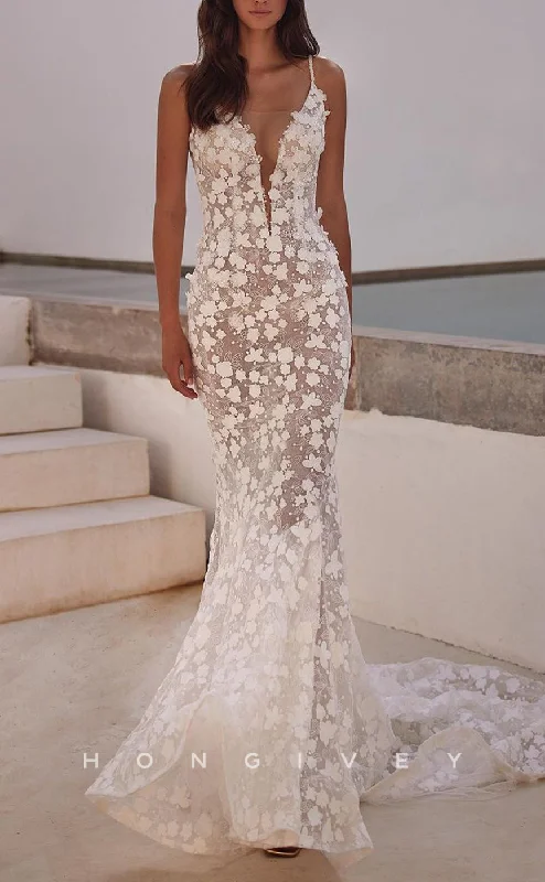 Weekend Sale Day H1231 - Sexy Fitted Illusion V-Neck Spaghetti Straps Appliques With Overskirt Train Beach Wedding Dress