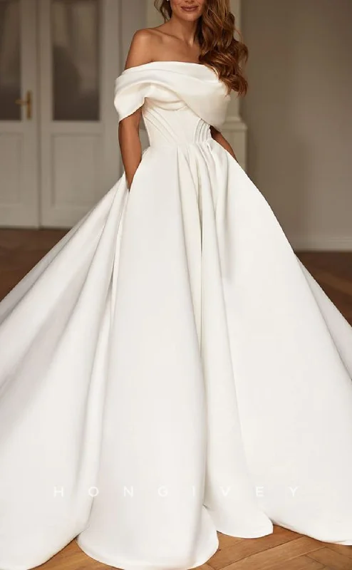 Weekend Steals Await H1233 - Sexy Satin A-Line Off-Shoulder Bodice Empire With Pockets Train Wedding Dress