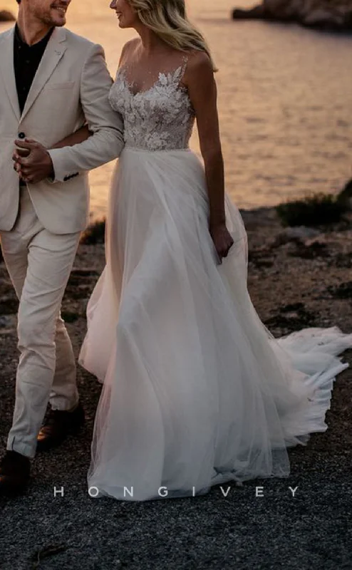 Weekend Hot Bargains H1234 - Sexy Tulle A-Line Round Sleeveless Empire Beaded Appliques With Train Beach Wedding Dress