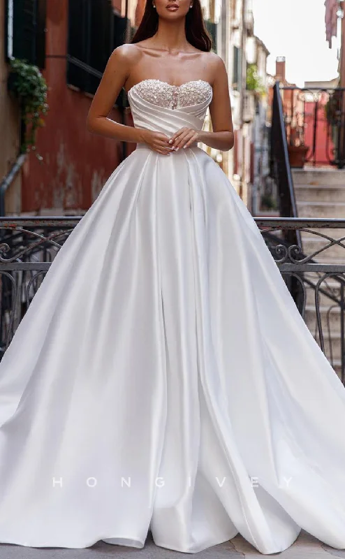 Weekend Exclusive Discounts H1235 - Sexy Satin A-Line Sweetheart Strapless Sleeveless Empire Beaded Ruched With Train Wedding Dress