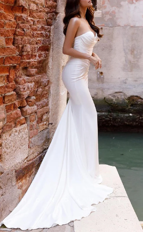 Weekend Deal Fest H1236 - Sexy Satin Trumpt Sweetheart Strapless Ruched With Train Wedding Dress