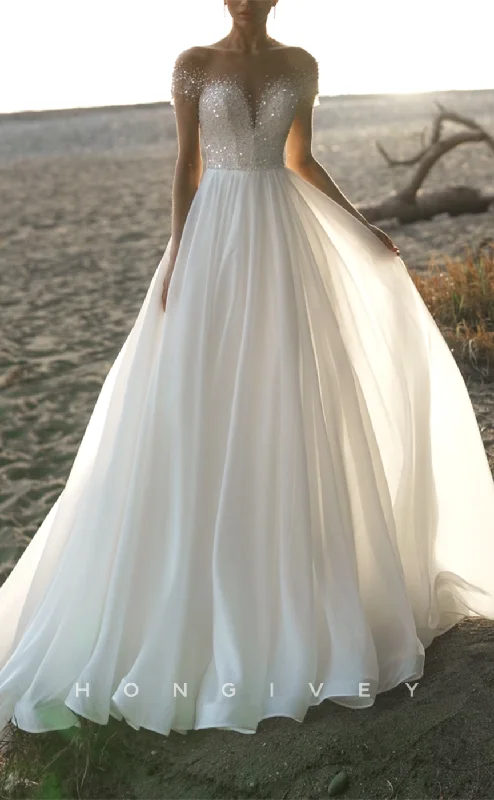 Weekend Offers You Can’t Miss H1237 - Sexy A-Line Glitter Tulle Off-Shoulder Empire Beaded Sequined With Train Wedding Dress