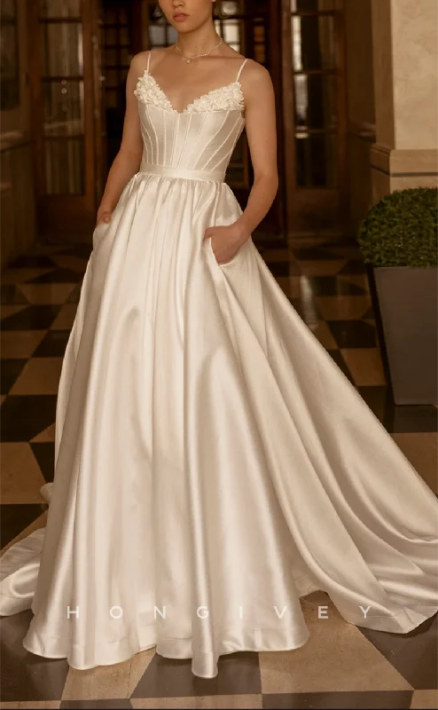 Weekend Savings Mania H1238 - Sexy Satin A-Line V-Neck Spaghetti Straps Sleeveless Empire Floral With Pockets Wedding Dress