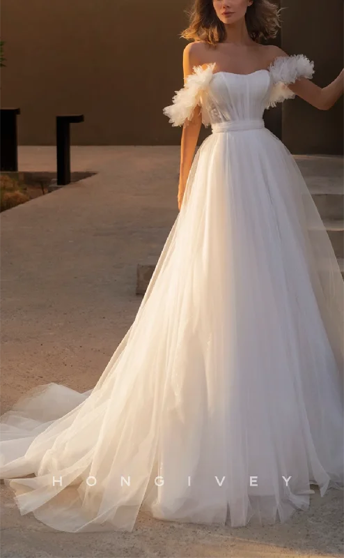 Final Sale Event H1240 - Sexy Tulle A-Line Glitter Off-Shoulder Empire Illusion Floral Embellished With Train Wedding Dress