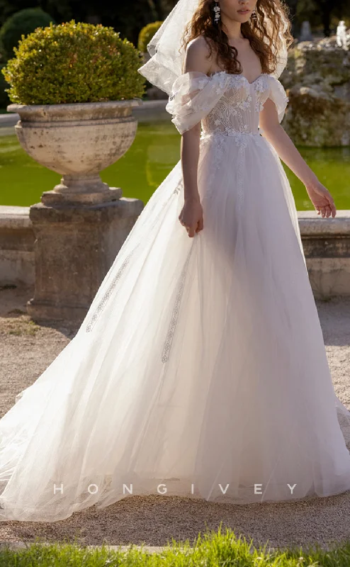 Grab Your Deal H1241 - Sexy Tulle A-Line Off-Shoulder Empire Floral Embossed With Train Wedding Dress