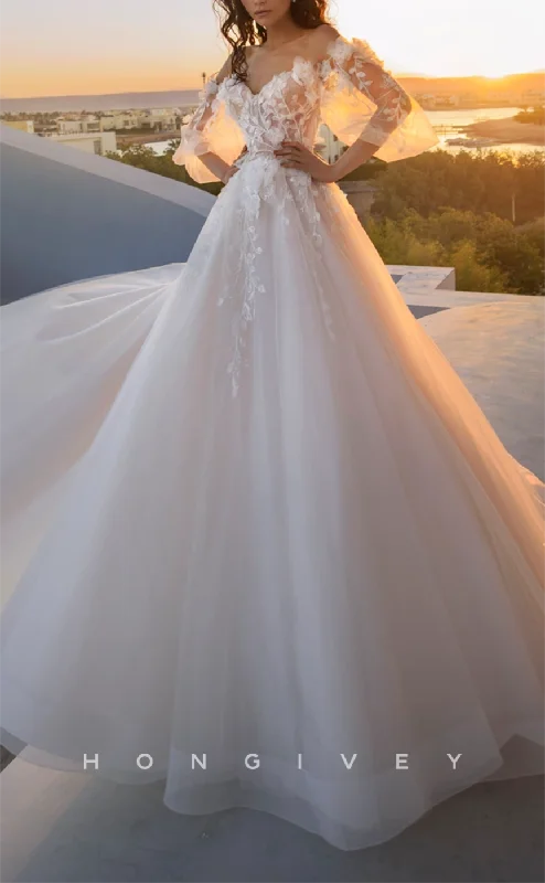 Shop & Save Now H1242 - Sexy Tulle A-Line Sweetheart Puff Sleeves Gown Empire Floral Appliqued With Train Wedding Dress