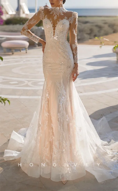 Big Offers H1243 - Sexy Trumpt Lace High Neck Long Sleeve Fully Sequined Appliqued With Train Wedding Dress