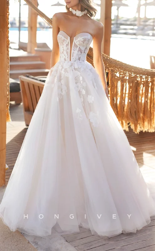 Exclusive Discounts Just for You H1244 - Sexy Tulle A-Line Plunging  V-Neck Strapless Sleeveless Empire Appliques With Train Wedding Dress