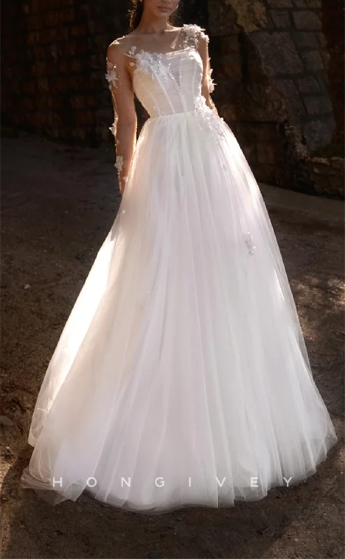 Only for You H1245 - Sexy Tulle A-Line Scoop Lace Long Sleeve Empire Floral Embossed Beaded Wedding Dress