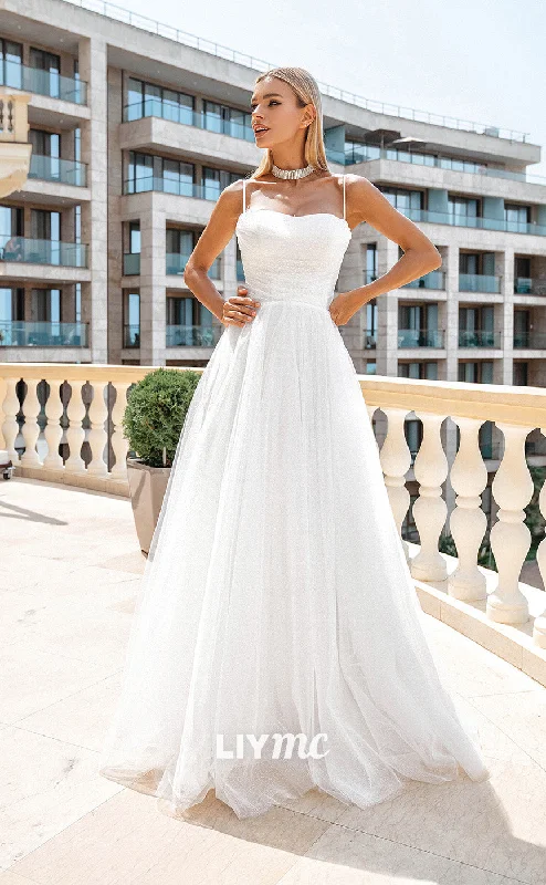 Weekend Big Sale LW159 - A Line Spaghetti Straps Pleated Polka Dot Tulle Long Wedding Dress