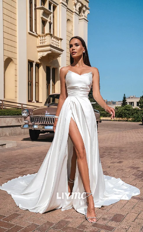 Weekend Sale Marathon LW160 - A Line Strapless V Neck Pleated Satin Long Wedding Dress With Slit