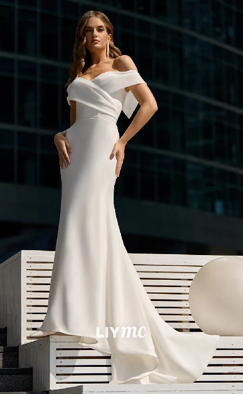 Weekend Hot Bargains LW165 - Mermaid/Trumpet Off Shoulder Pleated Satin Long Wedding Dress
