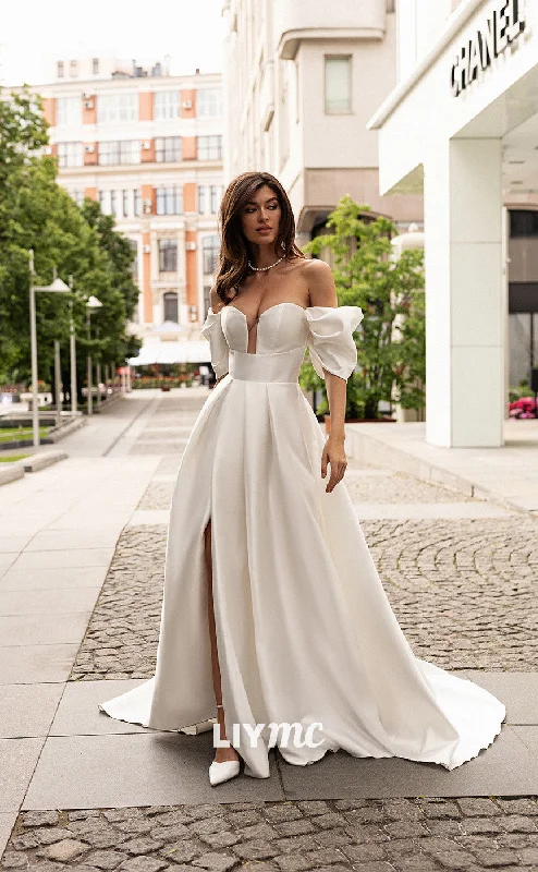 Weekend Big Savings LW167 - Illusion Off Shoulder Pleated Satin A Line Long Wedding Dress With Slit