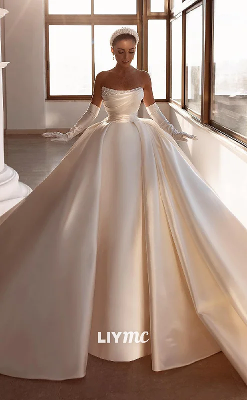 Weekend Markdowns LW172 - Strapless Pearl Beaded Pleated Satin Long Wedding Ball Gown With Sweep Train