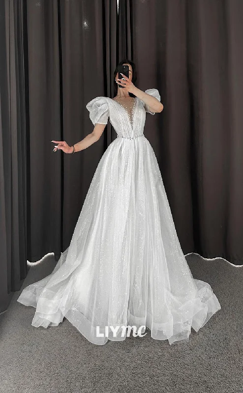 Weekend Deal Fest LW176 - Illusion Low V Neck Short Sleeves Sparkly Tulle A Line Long Wedding Dress