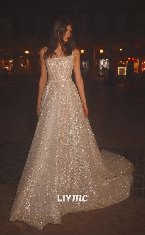Weekend Discount Rush LW179 - Sparkly Square Neck Ruched Sequins A Line Long Wedding Dress