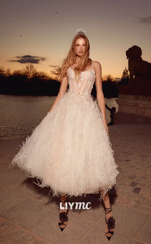 Weekend Deals You’ve Been Waiting For LW182 - A Line Spaghetti Straps Lace Appliqued Tulle Feather Long Wedding Dress