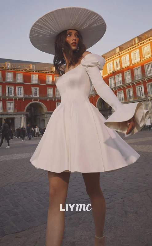 Weekend Special Bargains LW183 - A Line Off Shoulder Long Sleeves Pleated Satin Mini Wedding Dress