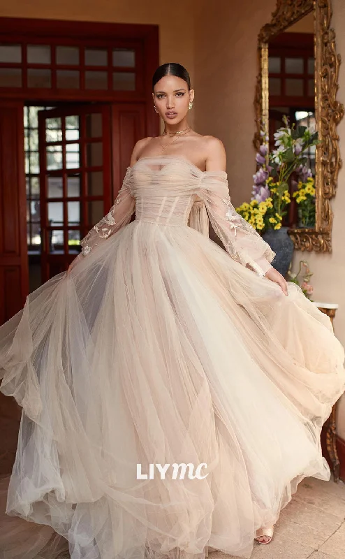 Weekend Shopping Fever LW185 - Romantic Off Shoulder Long Sleeves Embroidery Tulle A Line Long Wedding Dress