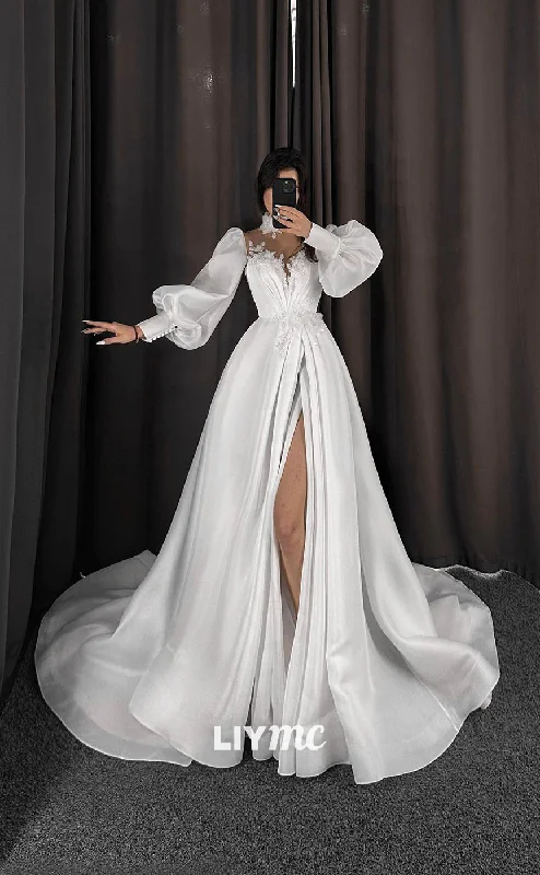Weekend Offers You Can’t Miss LW188 - Illusion High Neck Long Sleeves Appliqued Satin A Line Long Wedding Dress