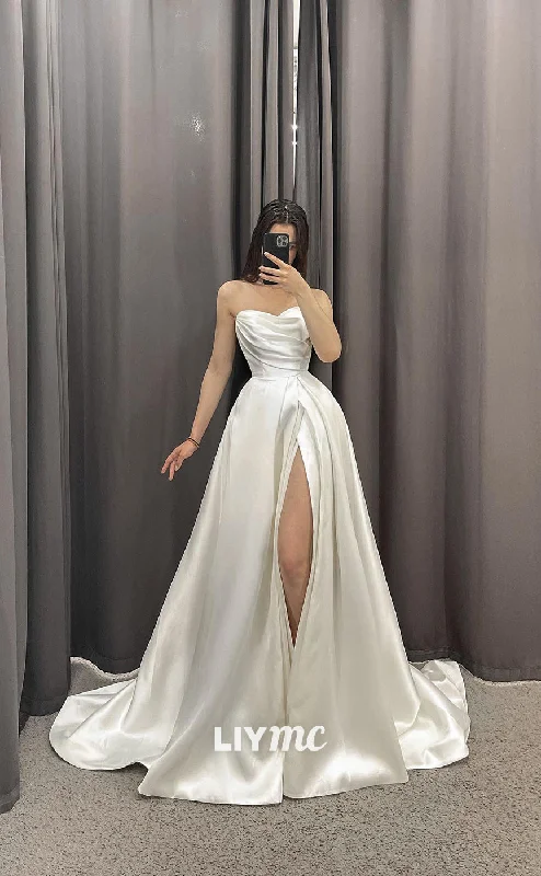 Weekend Offers Galore LW190 - Elegant Strapless Ruched Satin Side Slit A Line Long Wedding Dress