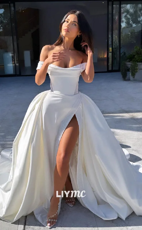 Weekend Shopping Extravaganza LW191 - Off Shoulder Beaded Pleated Satin Long Ball Wedding Gown With Slit