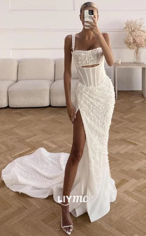 Weekend Hot Deals LW192 - Mermaid/Trumpet Square Neck Lace Long Wedding Dress With Side Slit