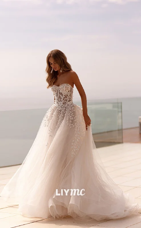 Weekend Exclusive Offers LW212 - Sweetheart Strapless Lace Appliqued Tulle A Line Long Wedding Dress