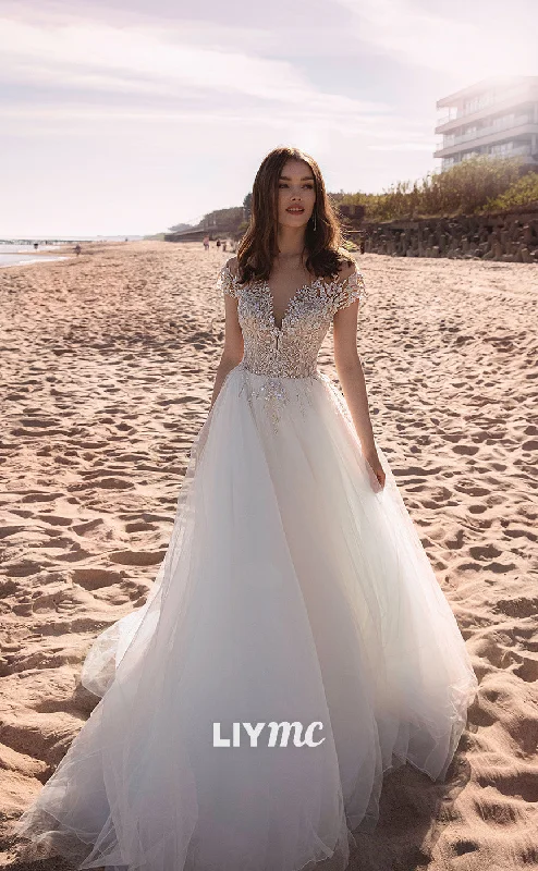Weekend Markdown Madness LW213 - Illusion Off Shoulder Beaded Lace Tulle A Line Long Wedding Dress