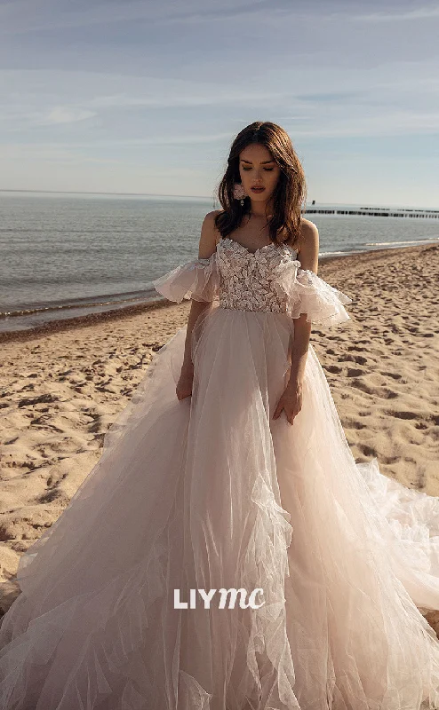 Weekend Shopping Rush LW215 - Off Shoulder Lace Pleated Tulle A Line Long Wedding Gown With Train