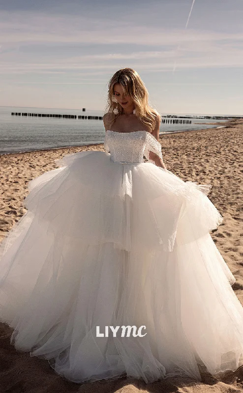 Super Price Slash LW216 - Romantic Off Shoulder Beaded Tiered Tulle Long Wedding Ball Gown