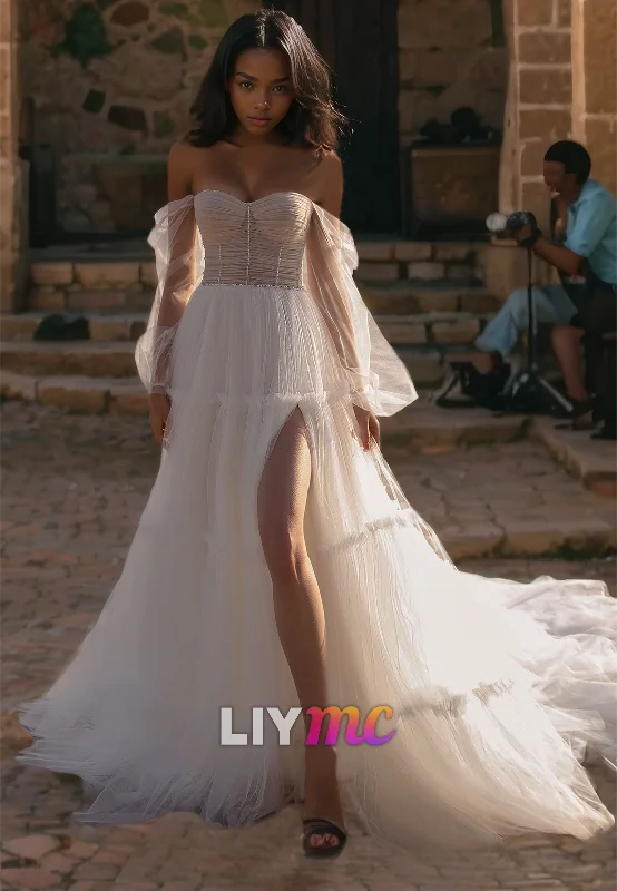 Shop & Save Instantly LW219 - Off Shoulder Long Sleeves Sheer Tulle A Line Long Wedding Dress With Slit
